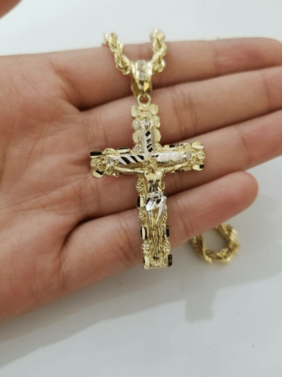 10k yellow gold rope chain with cross charm pendant set real 10kt 4mm necklace - GoldenlinQ